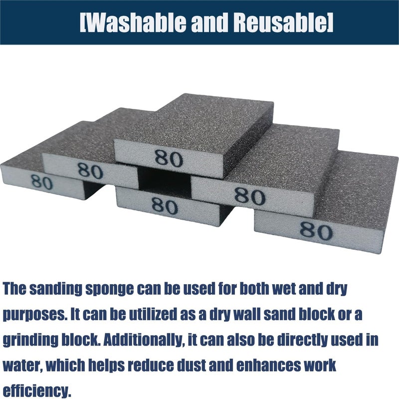 Tonmp 6 PCS 80 Grit Hand Sanding Blocks Set - Medium Sander Sponge, Wet and Dry Dual-use Sanding Sponges, Washable and Reusable, Ideal for Wood Metal Wall Polish - Image 5